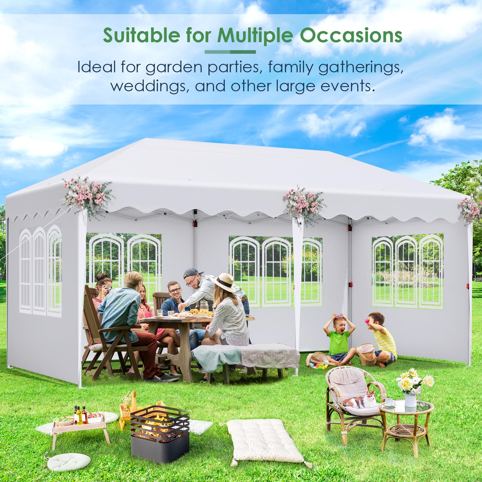 Carpa Plegable 3x6, Cenador 3x6, Carpas para Exteriores con 6 Paneles Laterales, con Bolsa de Almacenamiento, 420D Oxford, Impermeable, Protección UV 50+, para Jardin, Camping, Playa, Patio, Blanco