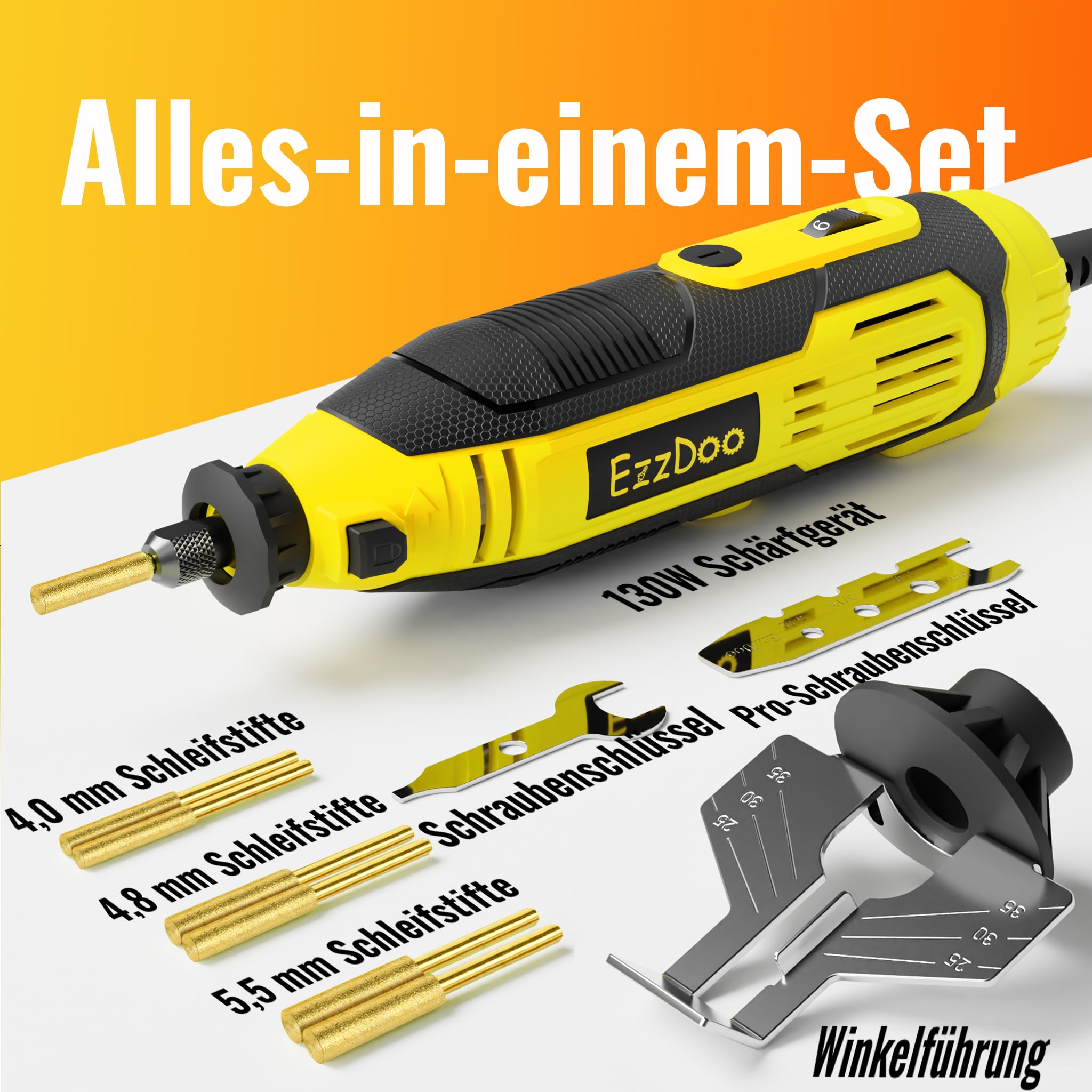 EzzDoo Elektrisches Kettensägen-Schärfer-Set mit Titanbeschichteten Diamant-Bits – Hochgeschwindigkeits-Kettensägenschärfer-Werkzeug und 6 Schärfräder mit hoher Härte für alle Kettensägenketten.