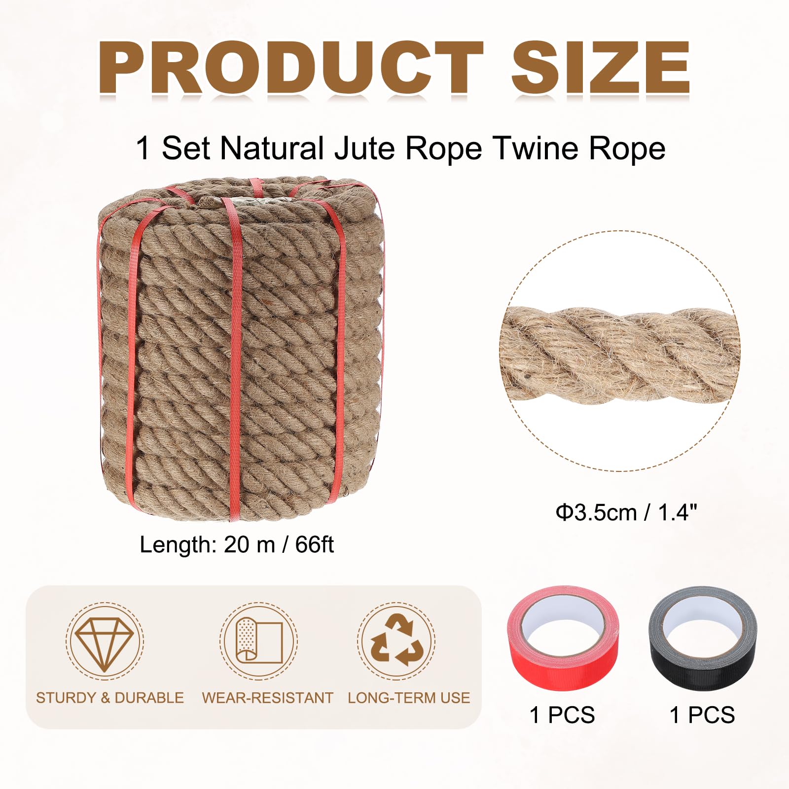 sourcing map Cuerda de yute de 1.4 pulgadas x 66 pies, cuerda trenzada gruesa natural pesada con 2 rollos de cintas para manualidades, barandilla, muelles, tirón de guerra, columpio, paisajismo