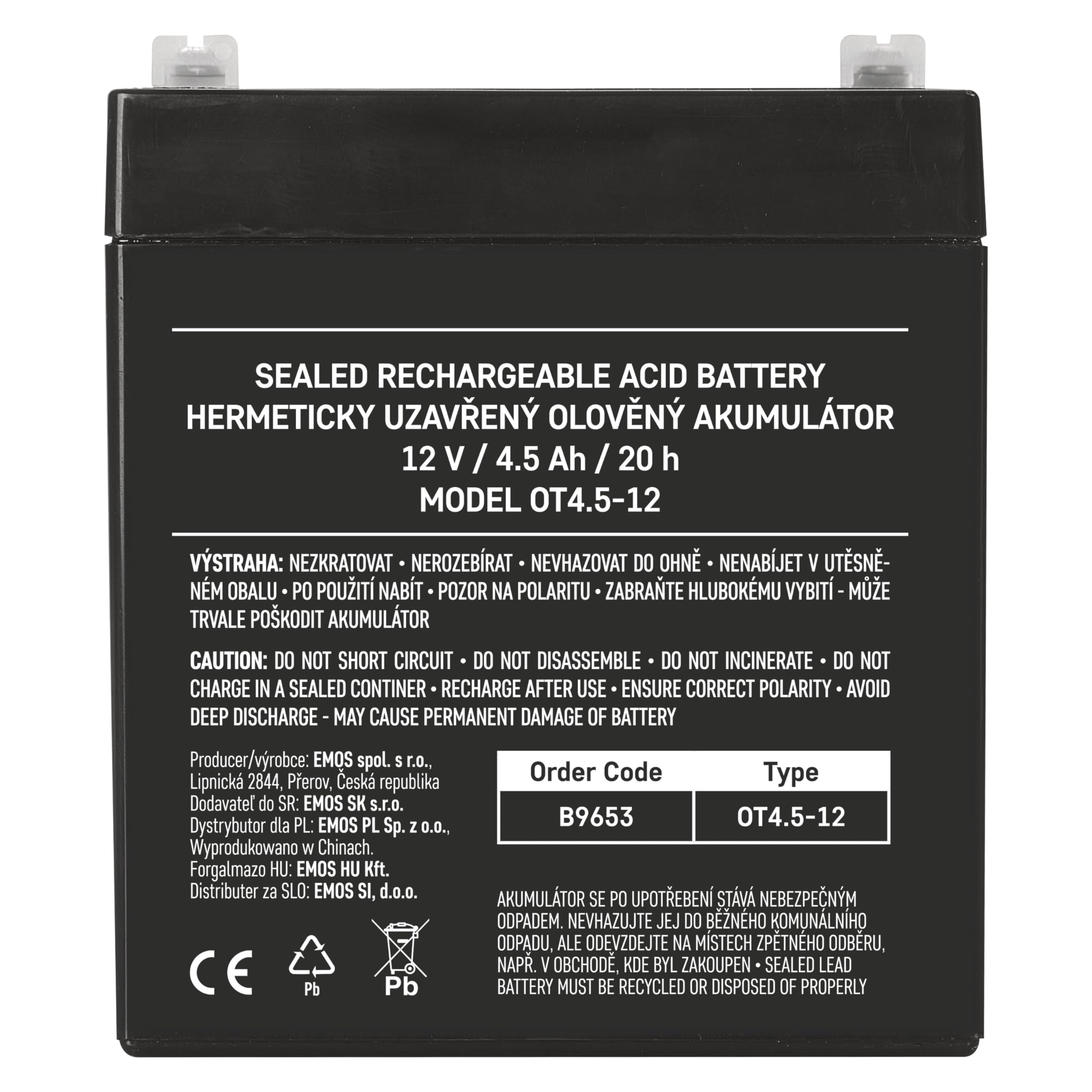 EMOS - Batteria al piombo senza manutenzione - 12V 4,5Ah - Batteria AGM - Connettore Faston 4,7mm - Per illuminazione di emergenza, sistemi di allarme, tecnologia di rilevamento incendi, UPS