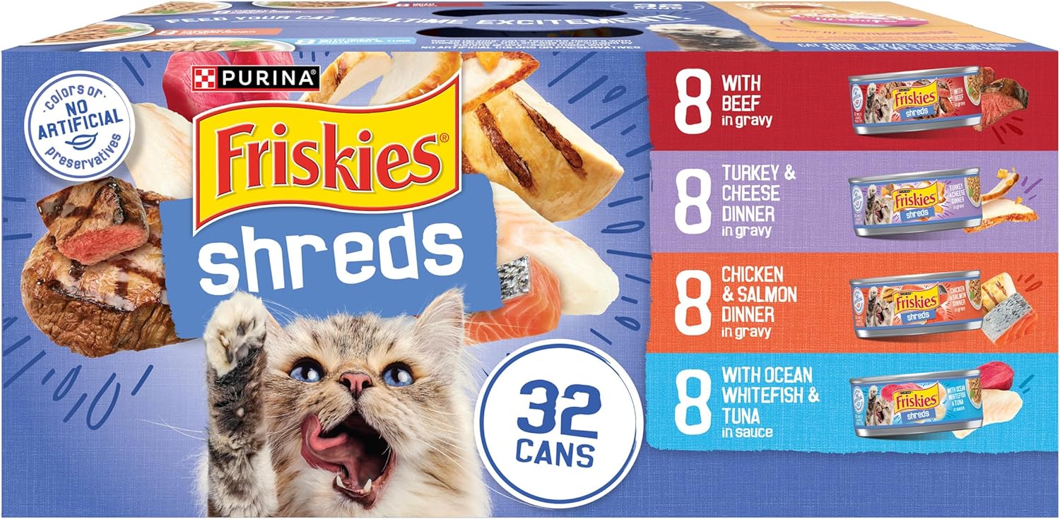 Purina Friskies Gravy Wet Cat Food Variety Pack, Savory Shreds With Beef, Turkey and Cheese Dinner, Chicken and Salmon Dinner, With Ocean Whitefish and Tuna – (Pack of 32) 5.5 oz. Cans
