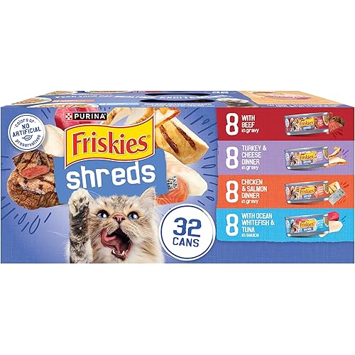 Purina Friskies Gravy Wet Cat Food Variety Pack, Savory Shreds With Beef, Turkey and Cheese Dinner, Chicken and Salmon Dinner, With Ocean Whitefish and Tuna - (Pack of 32) 5.5 oz. Cans
