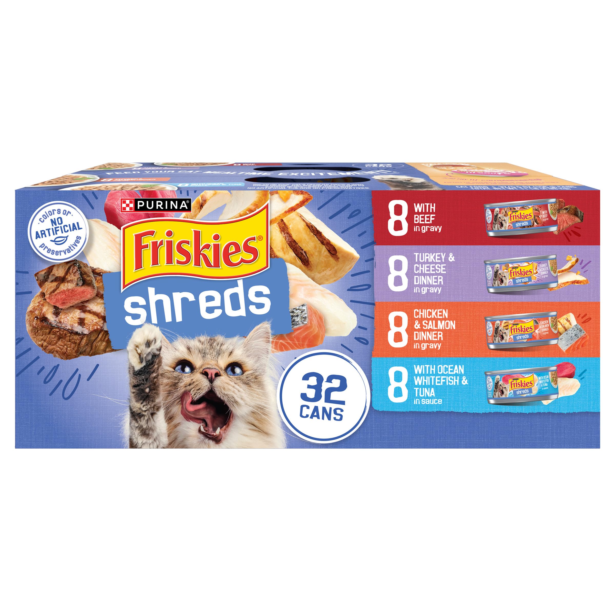 Amazon.com : Purina Friskies Gravy Wet Cat Food Variety Pack, Savory Shreds  With Beef, Turkey and Cheese Dinner, Chicken and Salmon Dinner, With Ocean  Whitefish and Tuna - (Pack of 32) 5.5