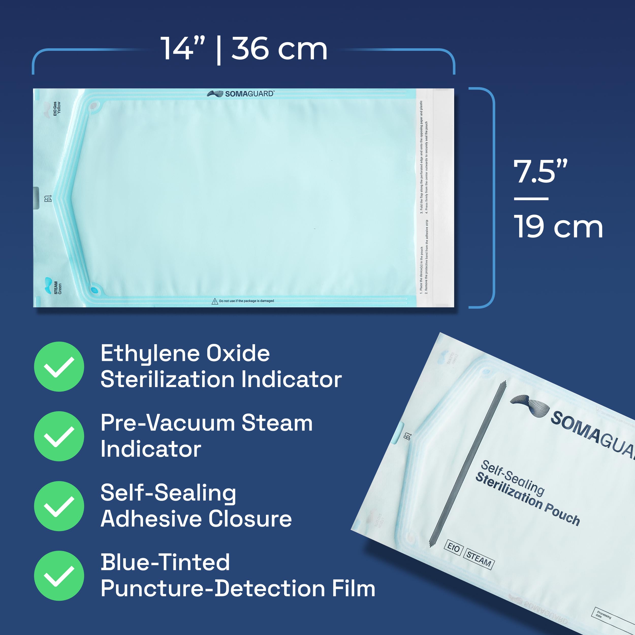 Bolsas de esterilización autosellantes, indicadores de cambio de color de EO y autoclave de vapor, triple sellado, cierre adhesivo, fácil de abrir, sin látex, 7.50 × 14 pulgadas, 5 × 200
