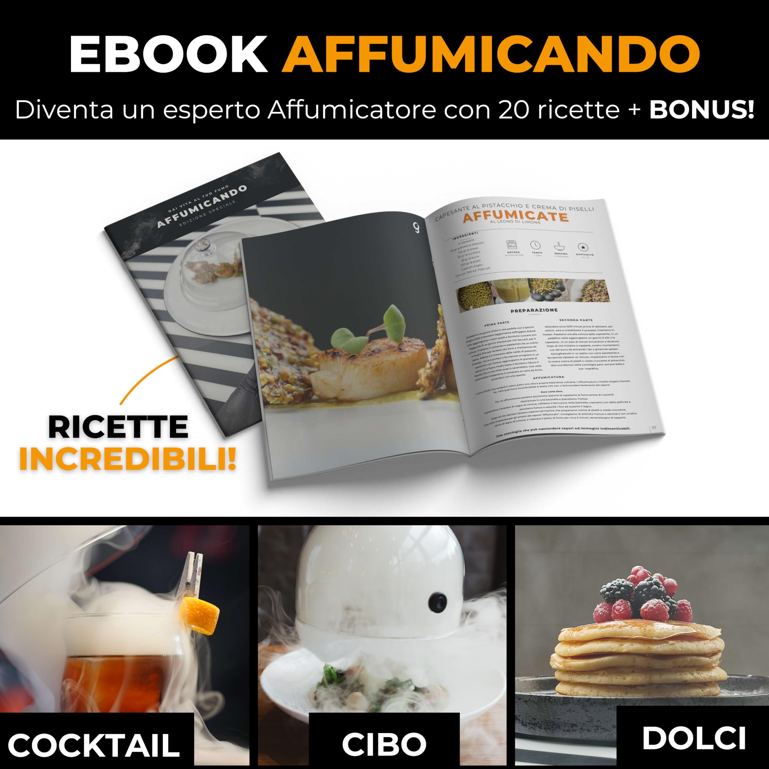 Domus - Set di 2 Cupole + 1 Disco Cocktail per Affumicatore da Cucina - Misure Campana Affumicatura di 25 e 18 cm - Compatibili con Affumicatore a Freddo Fumus + Ricettario Digitale