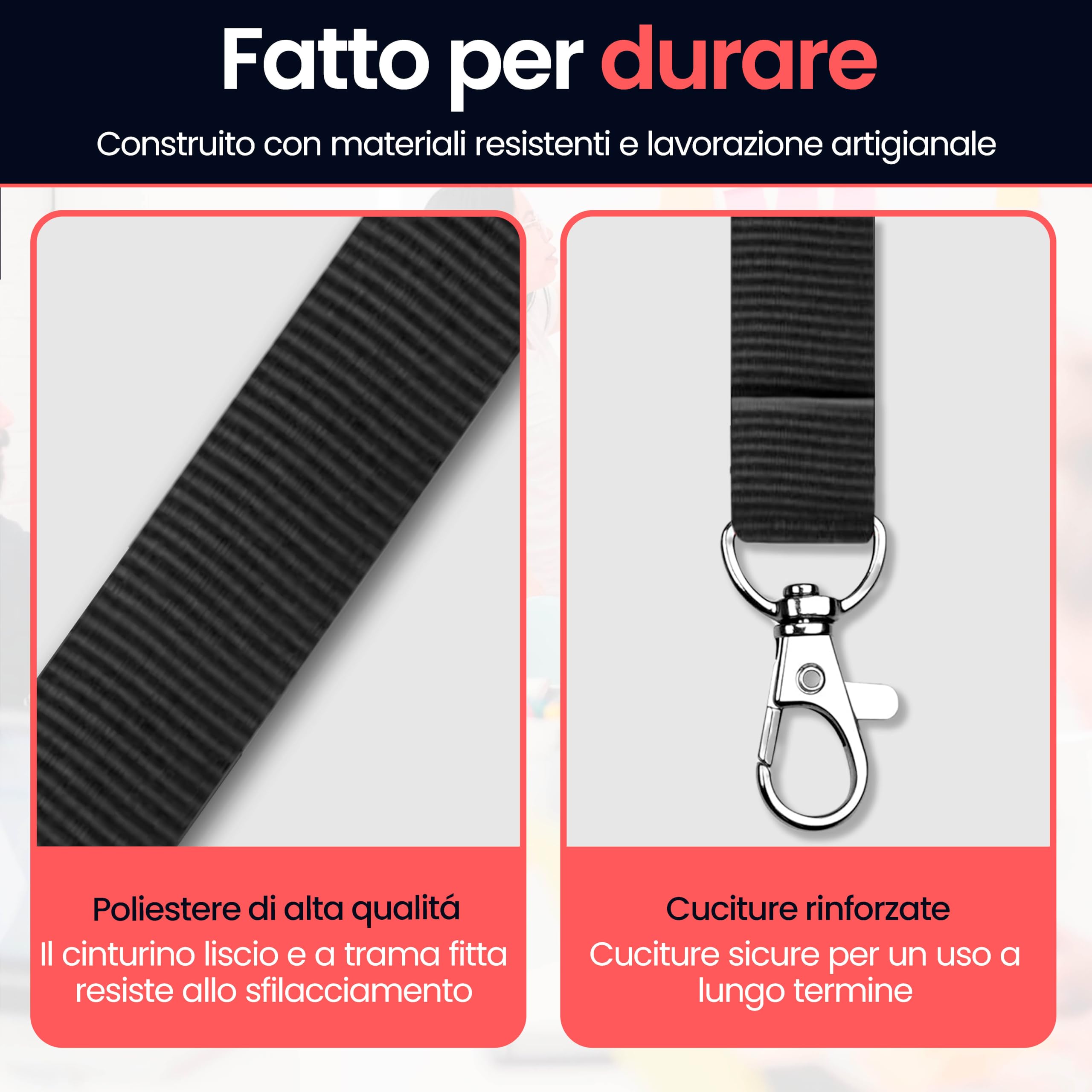 Porta Badge Da Collo Con Gancio In Metallo - Cordino In Poliestere 2cm x 46cm per Tessere, Chiavi, USB