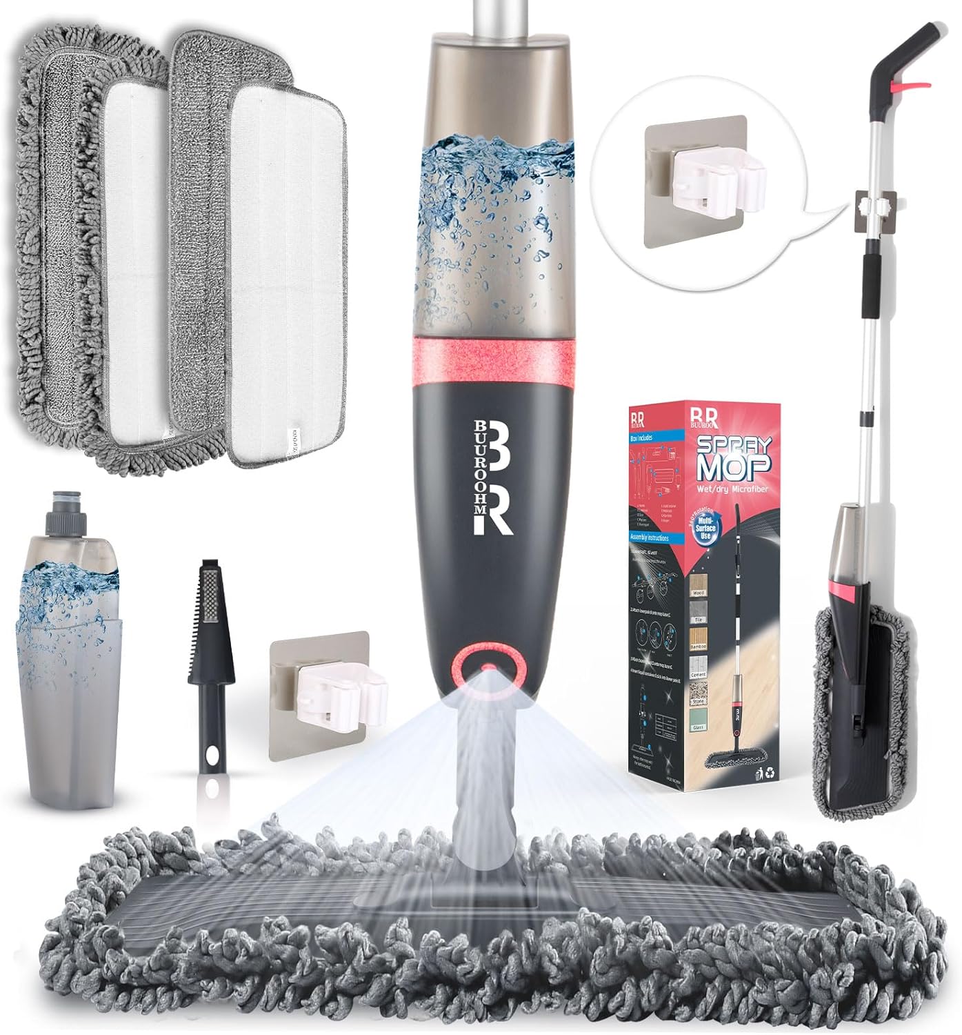 Microfiber Spray Mop for Floor Cleaning Dry Wet Dust Mop for Kitchen Wood Floor Hardwood Laminate Ceramic Tiles 360 Degree Mop Set with 4 Mop Heads Replacement 1 Scraper 1 Mop Holder 1 Bottle (Grey Pink with 4 pads) Thumbnail