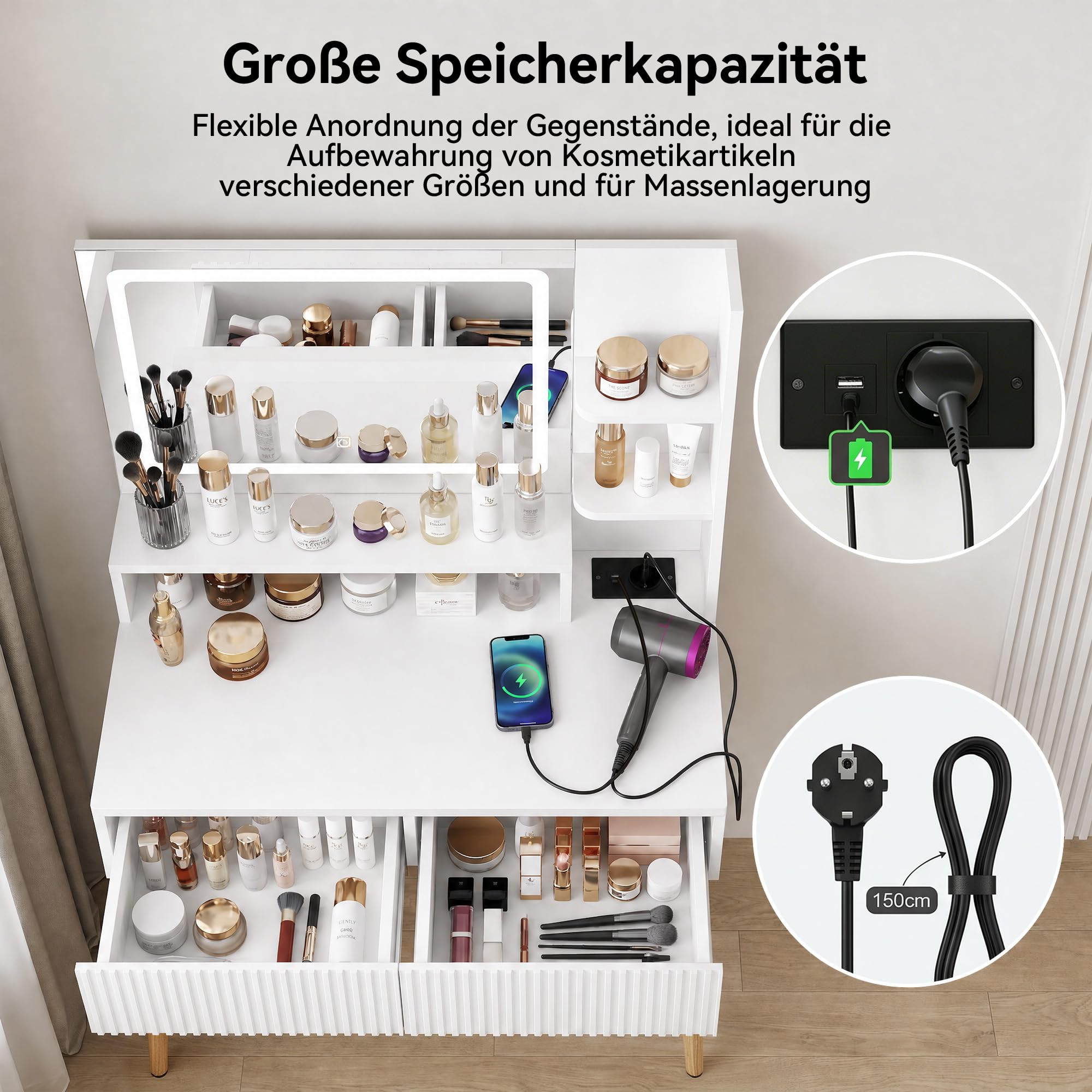 Hawthyhome Weiß Schminktisch mit Beleuchtun und Ladestation, Moderner Frisiertisch mit 2 Riffel-Schubladen und Ablagen, 3 Lichtmodi, Kosmetiktisch mit Massivholzbeinen für Schlafzimmer