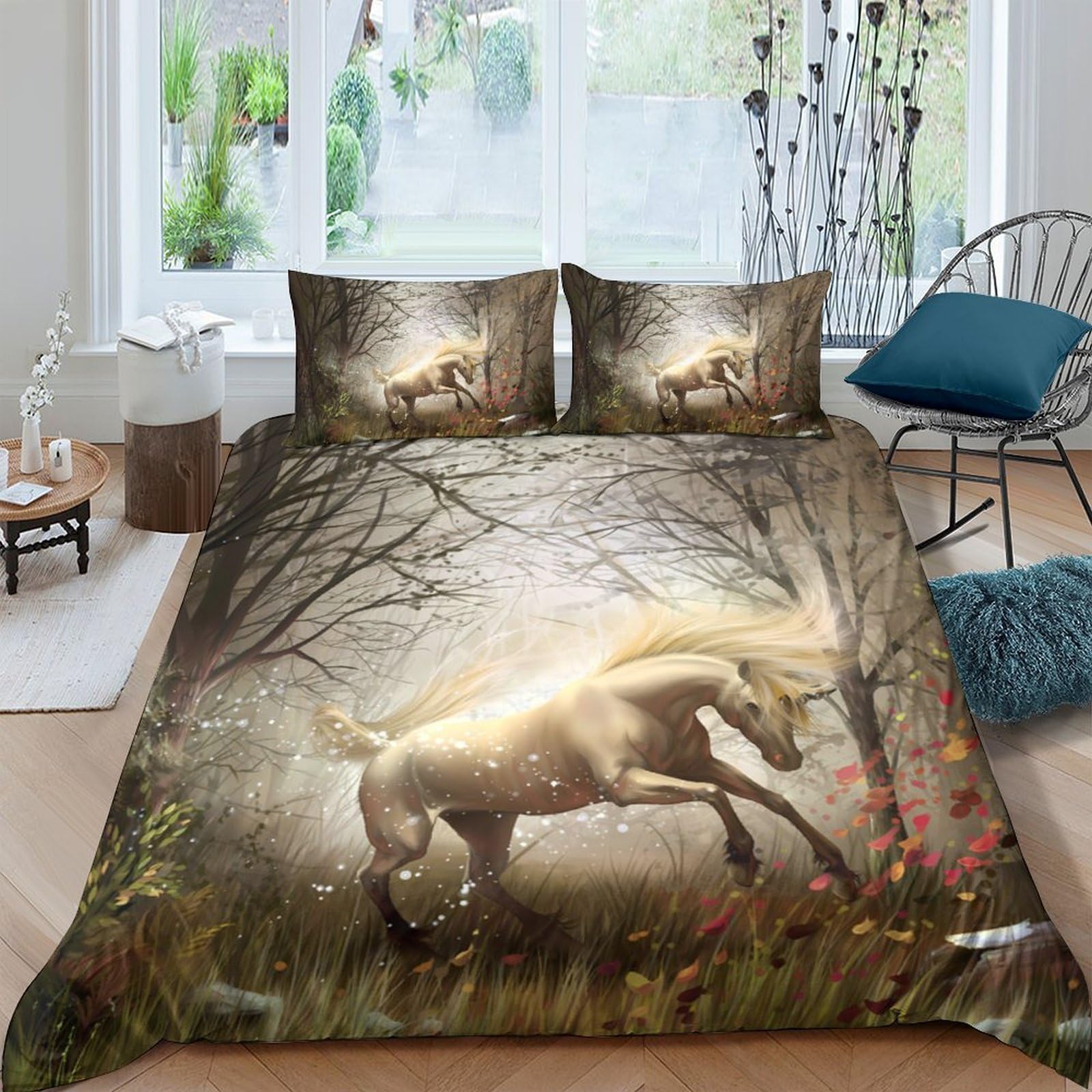Ctjqhvkz Style-6 3D Printed Magical Unicorn Fitted Sheet Microfiber Soft Anti-Slip Fantasy Forest Bed Cover For Bedroom Guest Room Decor Single（135X200cm）