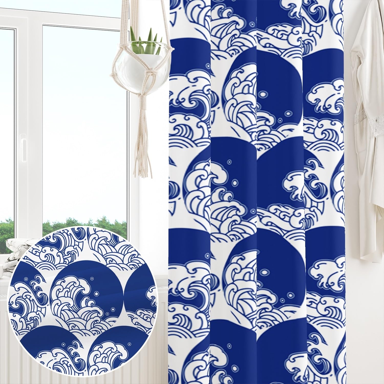 135x229cm Tenda oscurante a onde Navy Stile giapponese Surf Ocean Modello artistico Tende Isolamento termico per finestre occhielli per Soggiorno Camera da letto Sala da pranzo,2 Pannello