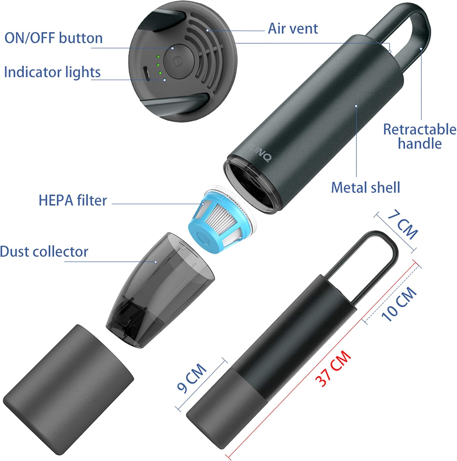 Bugbamu view of FLINQ handheld vacuum cleaner showing ON/OFF button, indicator lights, air vent, retractable handle, metal shell, HEPA filter, dust collector, and dimensions.