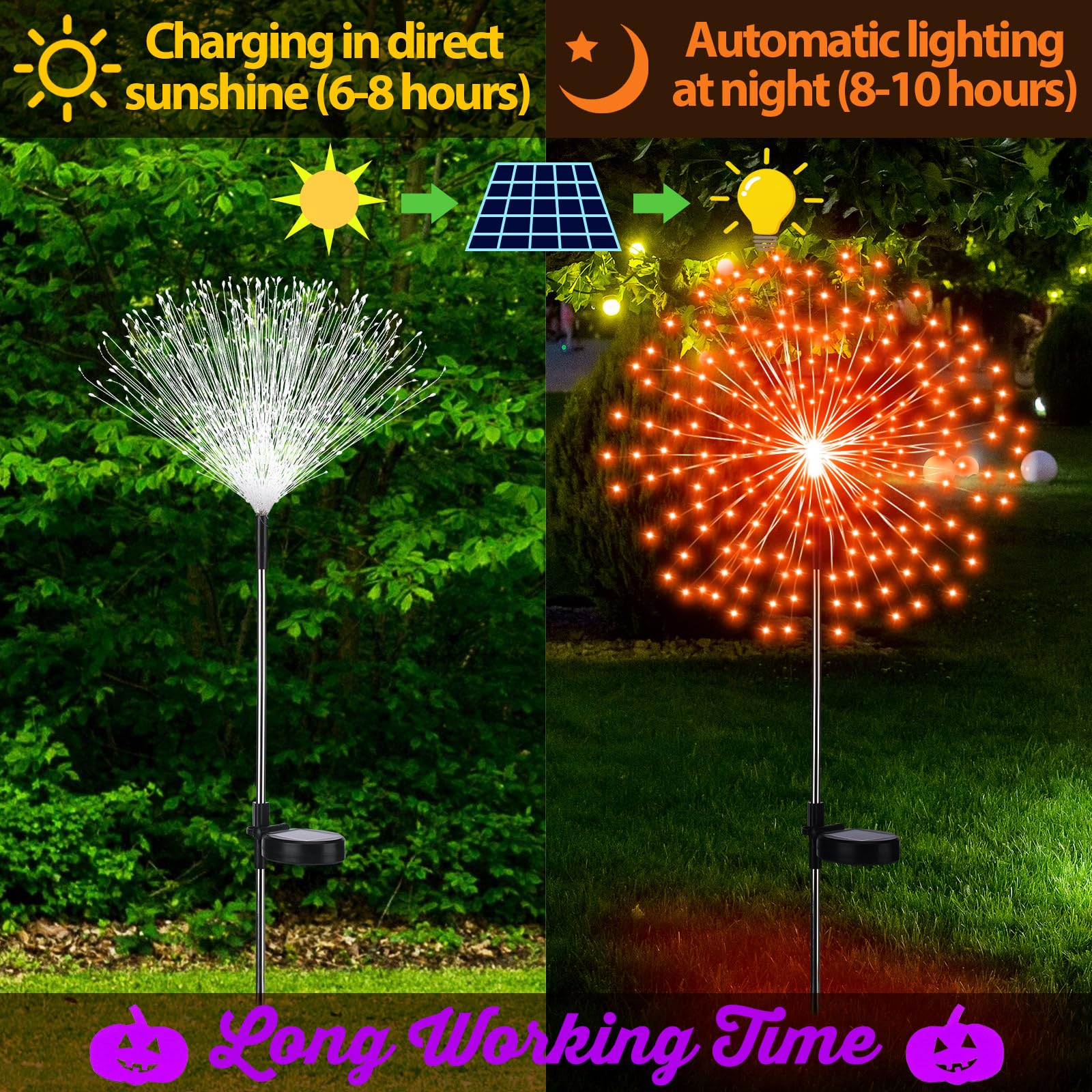Tujoe Solar-Feuerwerk-Lichter, 180 LEDs, 8 Modi, wasserdicht, für den Außenbereich, Dekoration für Halloween, Weihnachten, Urlaub, Garten, Terrasse, Hof, Weg, Gehweg, Orange, Lila, 6 Stück