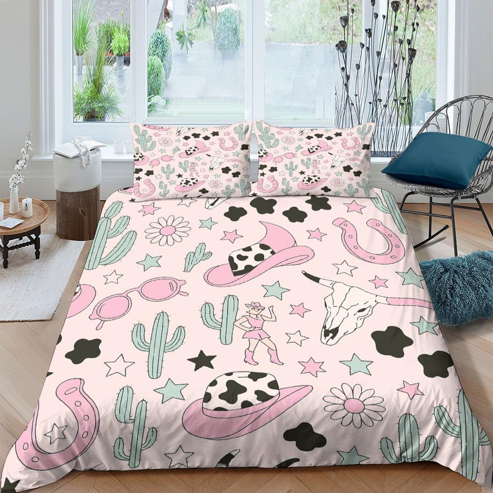 Ctjqhvkz Style-3 3D Printed Pink Western Cowboy Fitted Sheet Microfiber Soft Breathable Cactus Star Bed Cover For Bedroom Dorm Decor Single（135X200cm）
