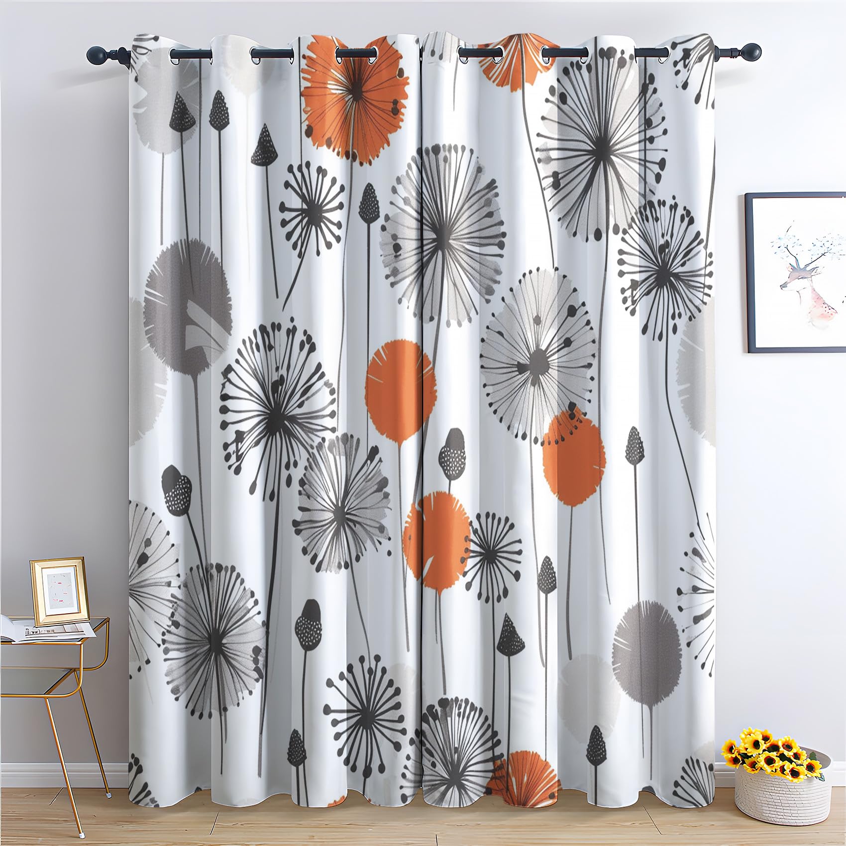 zcwl Dandelion Curtains for Bedroom Living Room, Orange And Grey Floral Patterned Blackout Curtains, Thermal Insulated Eyelet Curtain, 90 Drop Window Treatments Drapes, 90x90 Inch (W x L), 2 Panels