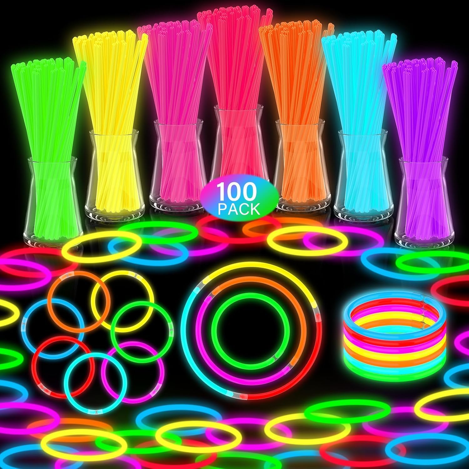DELEE Glow Sticks Bulk Party Favors 100pk - 8" Glow in the Dark Party Supplies Light Sticks, Halloween Decorations, Glow Necklaces and Bracelets for Kids