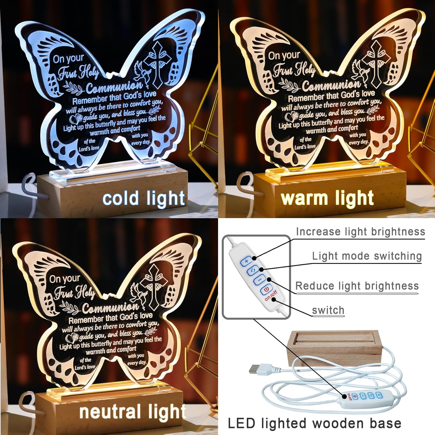 Ornalrist First Holy Communion Gifts for Girls, First Communion Baptism Gifts for Granddaughter Goddaughter, Boys, Teens, Crystal Butterfly Night Light Plaque with Warm Light Base
