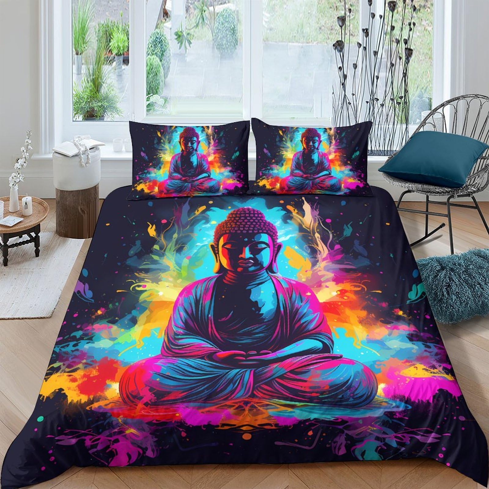 Ctjqhvkz Style-3 3D Printed Buddha Art Fitted Sheet Microfiber Vibrant Colour Meditation Bed Cover For Bedroom Guest Room Decor Single（135X200cm）