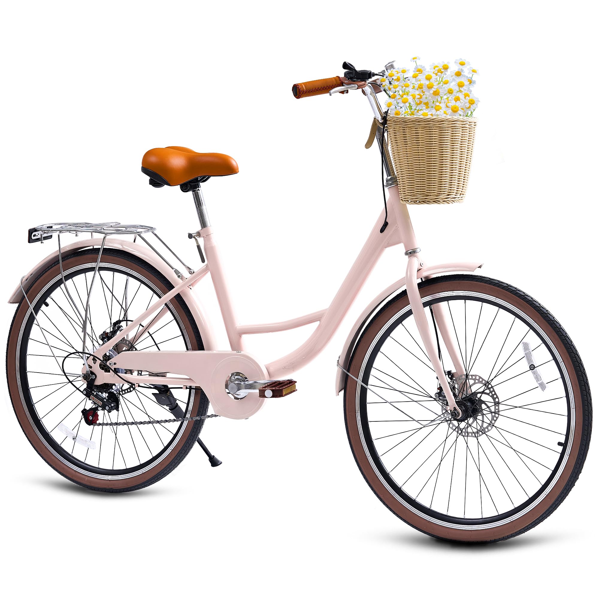 DEYGIA Beach Cruiser Bike for Women, 24 26 inch 7 Speed Commute Bike for Adults, Womens Bicycle with Ratten Basket and Adjustable Seat, Lightweight Step Through Bike for Adults Women Ladies