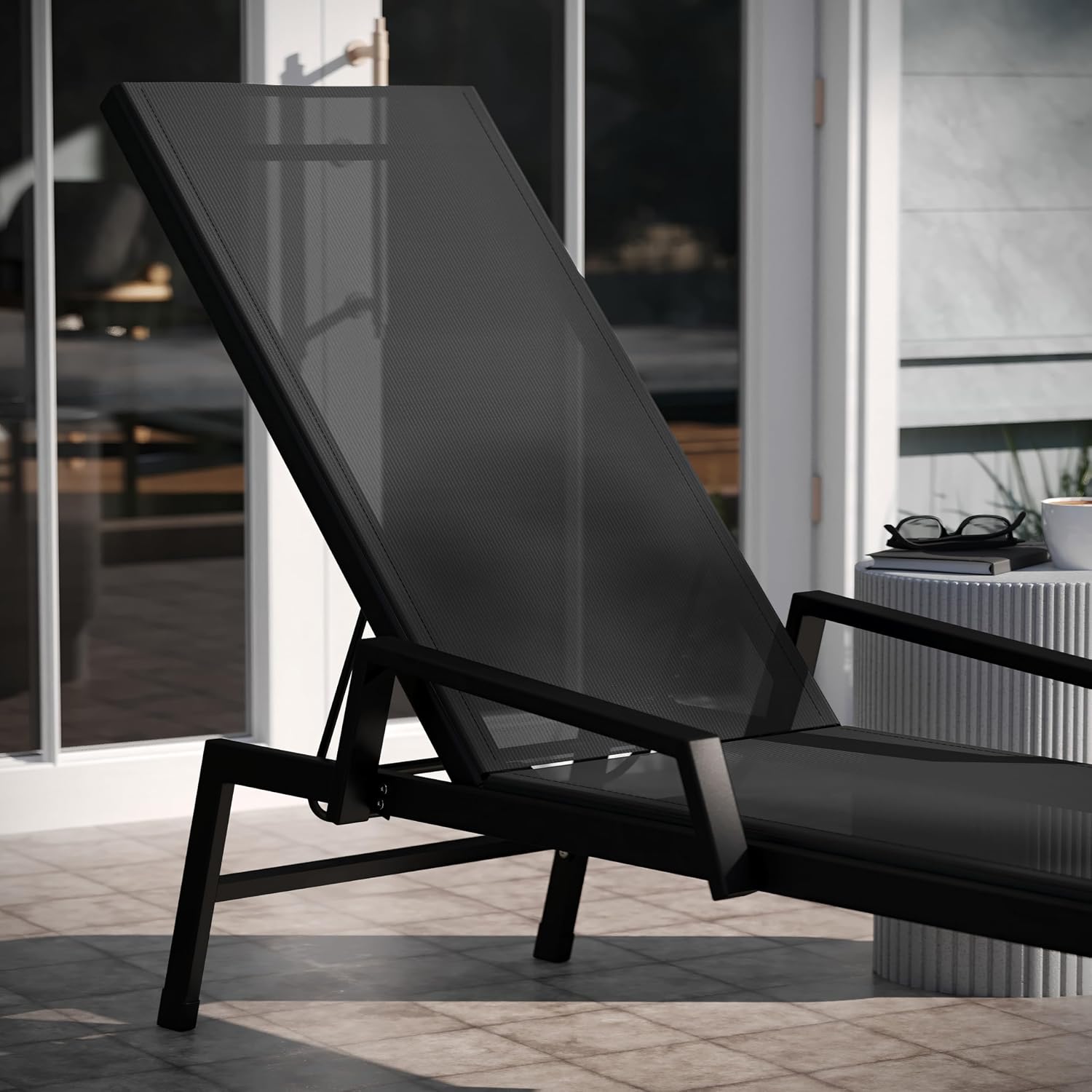 EMMA + OLIVER Braelin Adjustable Patio Chaise Lounge - Black Textilene Seat - 5 Recline Positions - Metal Frame - All-Weather