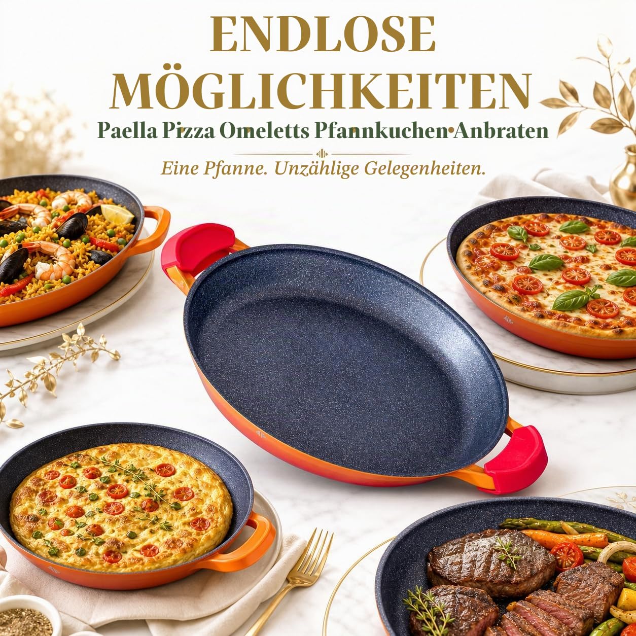 INTIGNIS Professionelle Paellapfanne | 40 cm große Bratpfanne | Aluminium | Antihaftbeschichteter Marmor | Frei von Chemikalien | Für alle Induktionsherde, ofenfest