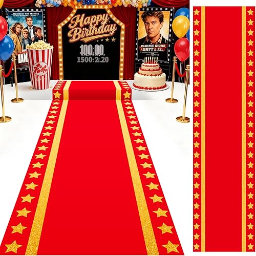 Woanger Alfombra roja de plástico para fiesta, 30 micrones de grosor, con estrella dorada, pasillo, pasillo, pasillo, decoración de cumpleaños,