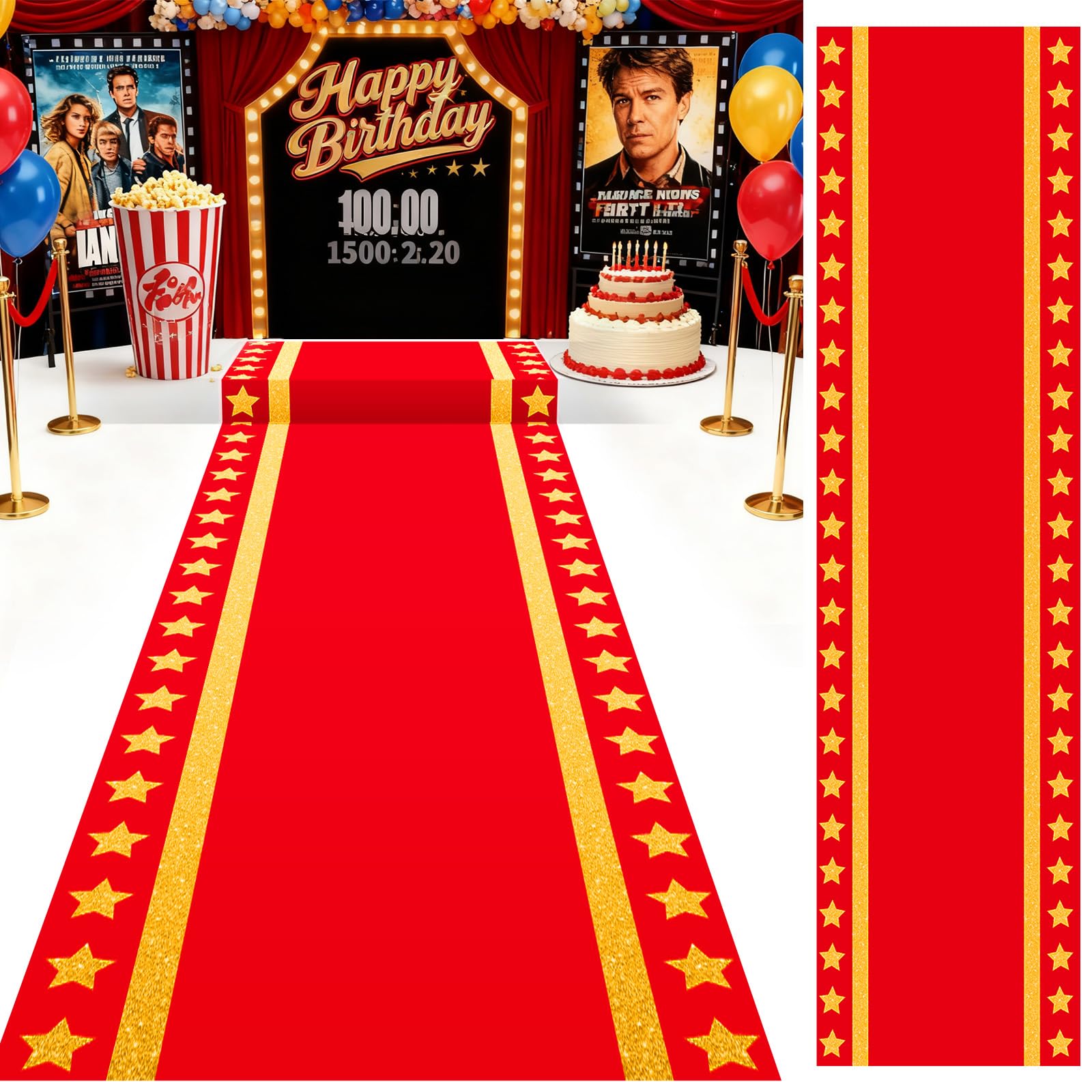 Plastic Movie Night Runner with Gold Star 30 μm Thickness Runner Rug Red Carpet Decor for Aisle Floor Runway Stage Stair Hallway Movie Theme Birthday Wedding Prom Party(3.3 x 50 Ft,Stylish)
