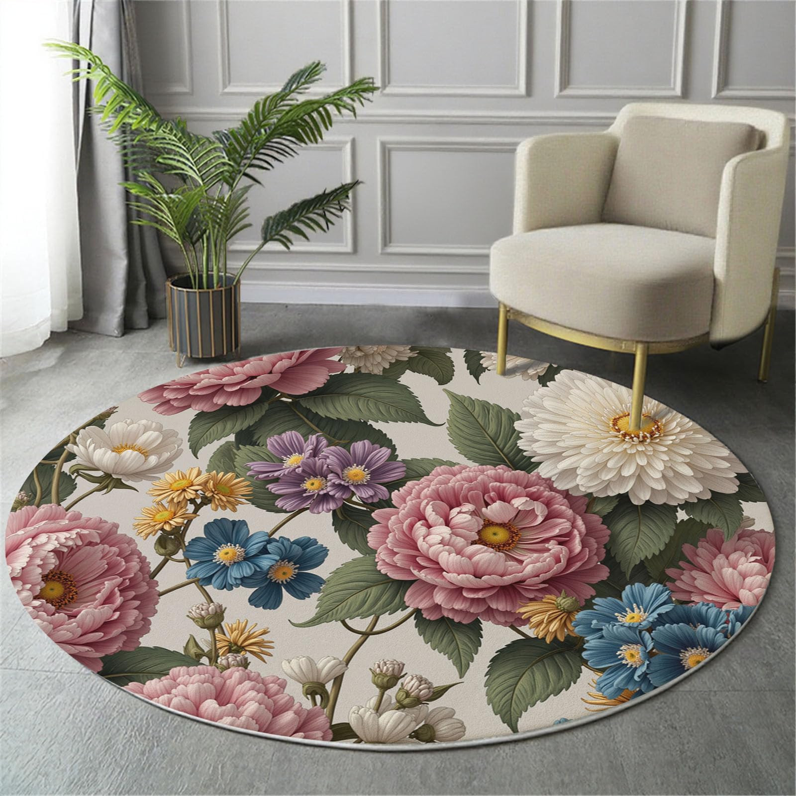 Tappeto rotondo Bouquet Peonie per soggiorno,lavabile in lavatrice,antiscivolo, a pelo basso e non perde pelo,Giardino Stile Classico Dipinto Olio per soggiorno,camera da letto,salotto,Ø 120 cm, Rosa