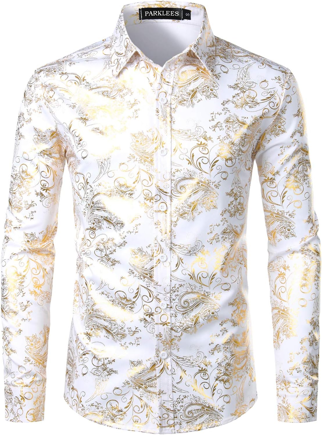 PARKLEES Men's Luxury Paisley Gold Shiny Printed Stylish Slim Fit Button Down Dress Shirt