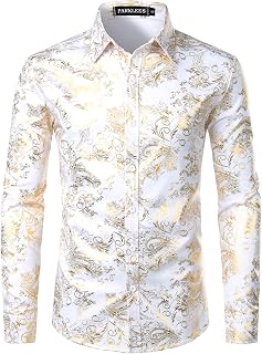 Men's Luxury Paisley Gold Shiny Printed Stylish Slim Fit Button Down Dress Shirt