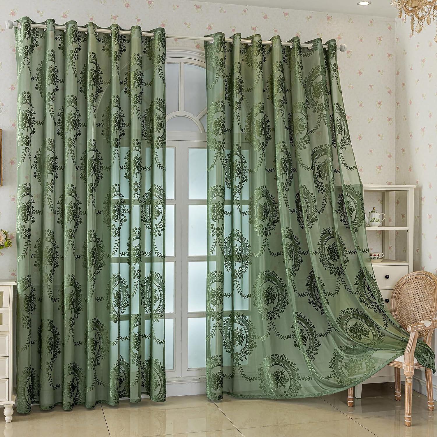 Vintage Green Lace Sheer Curtains 88 inches Long 2 Panels Set, Floral Jacquard Light Filtering Grommet Window Curtain for Living Room/Bedroom, Voile Panel Drapes (Sage Green,55''x88'')