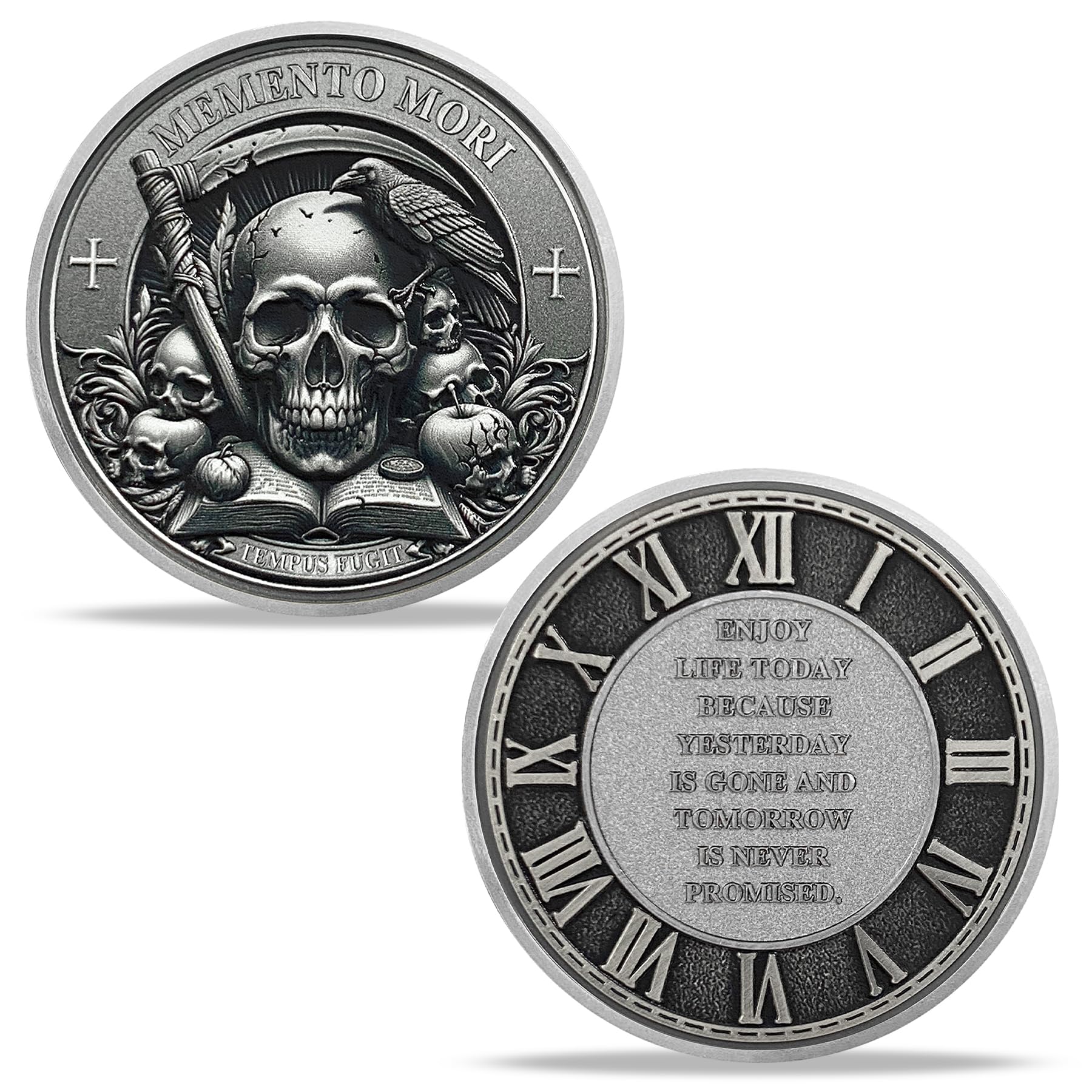 MEMENTO MORI MEMENTO VIVERE 코인 STOIC REMINDER 토큰 SKULL CHALLENGE 코인 로켓  STOICISM 동기 부여 선물 - TEMPUS FUGIT-Freehip.co.kr
