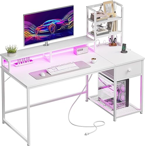 Escritorio pequeño para computadora de 44 pulgadas con cajones y gabinete, escritorio reversible de oficina en casa con estante para monitor,