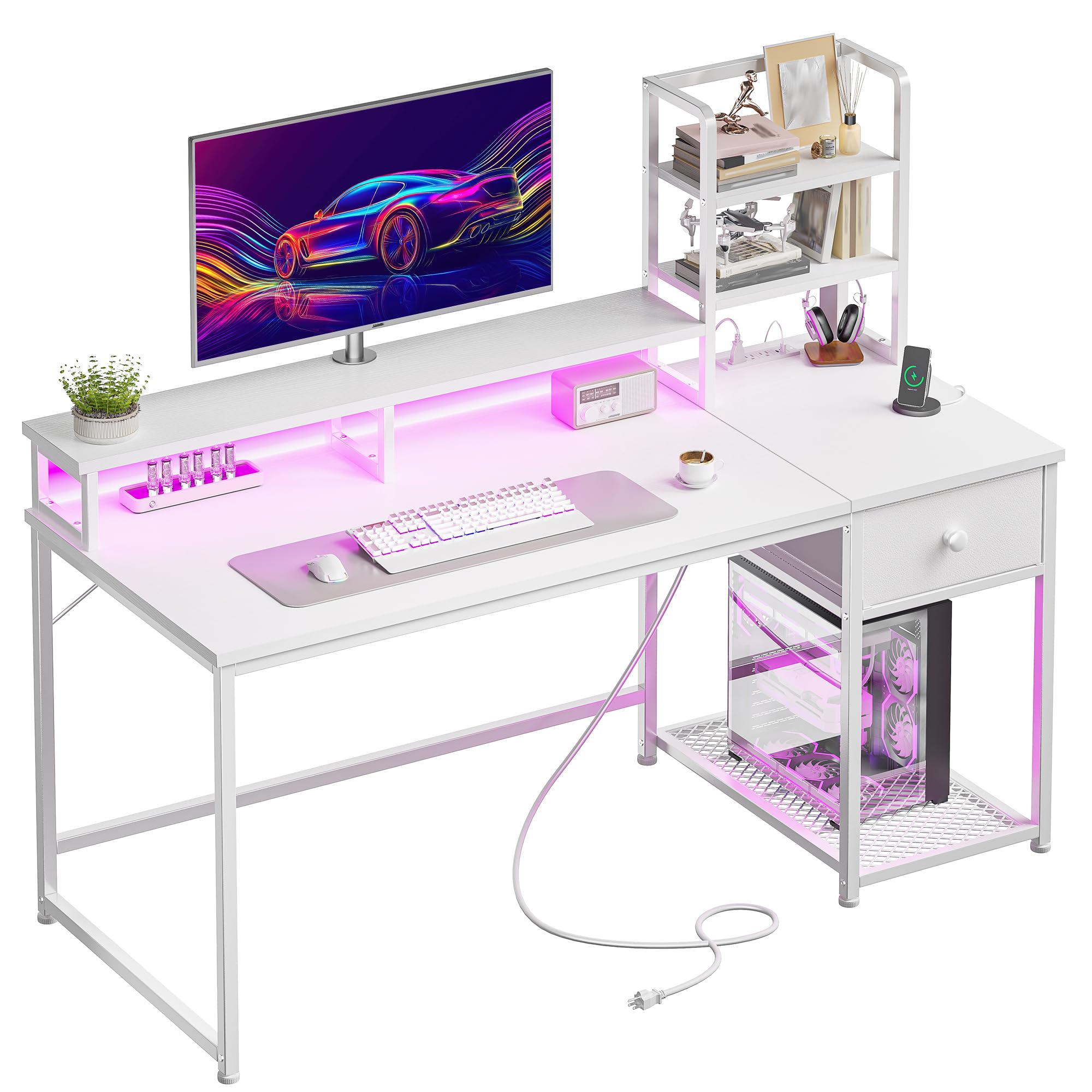 44 Inch Small White Computer Desk with Drawers and Hutch,Reversible Home Office Desk with Monitor Shelf,Gaming Desks with USB Power Outlets&Storage,
