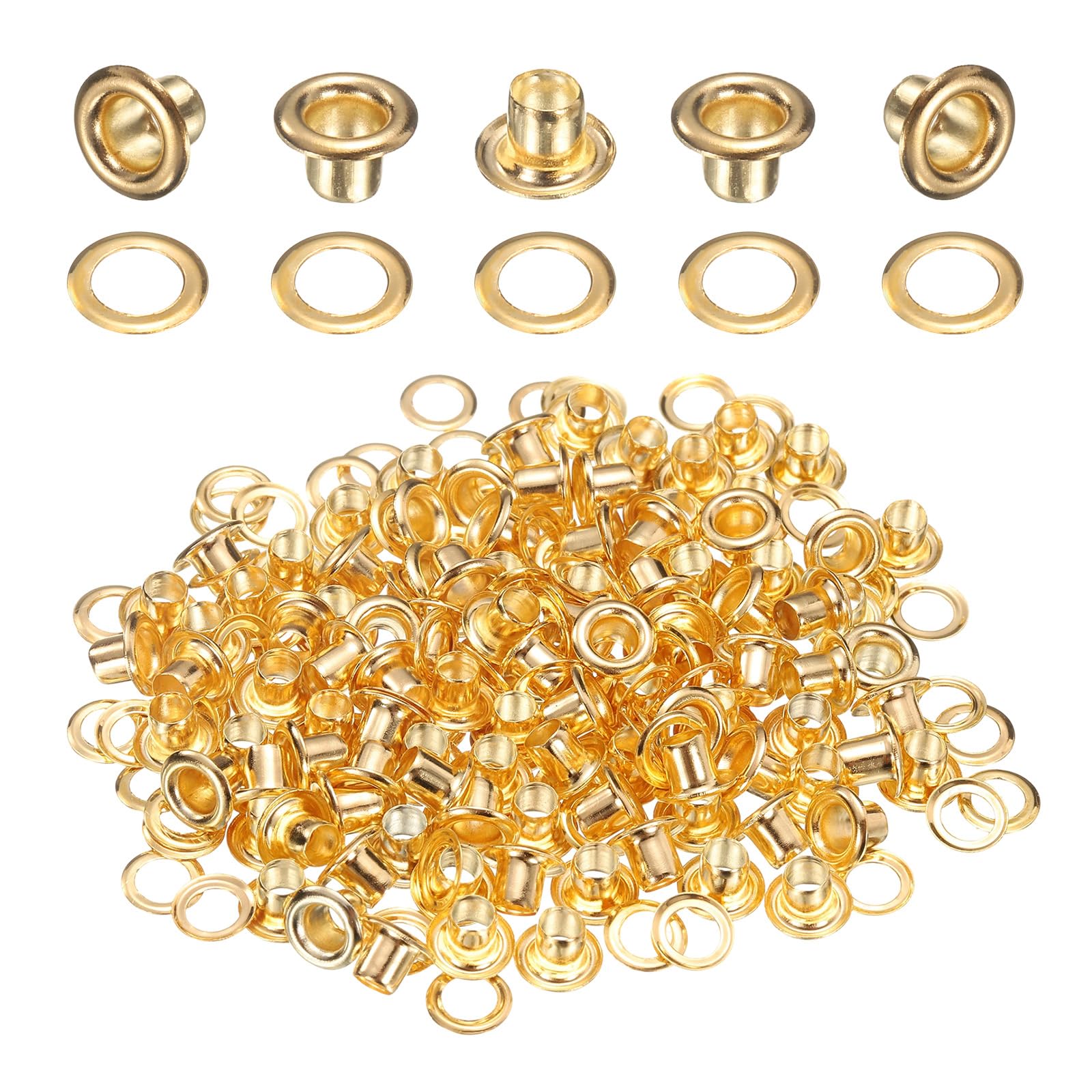 QUARKZMAN 100Set Occhielli per Teloni 3mm 1/8" Occhiello Strumento Metallici in Ottone con Rondelle per Tende in Tessuti Cinture in Pelle Scarpe Borse Fai Da Te, Oro