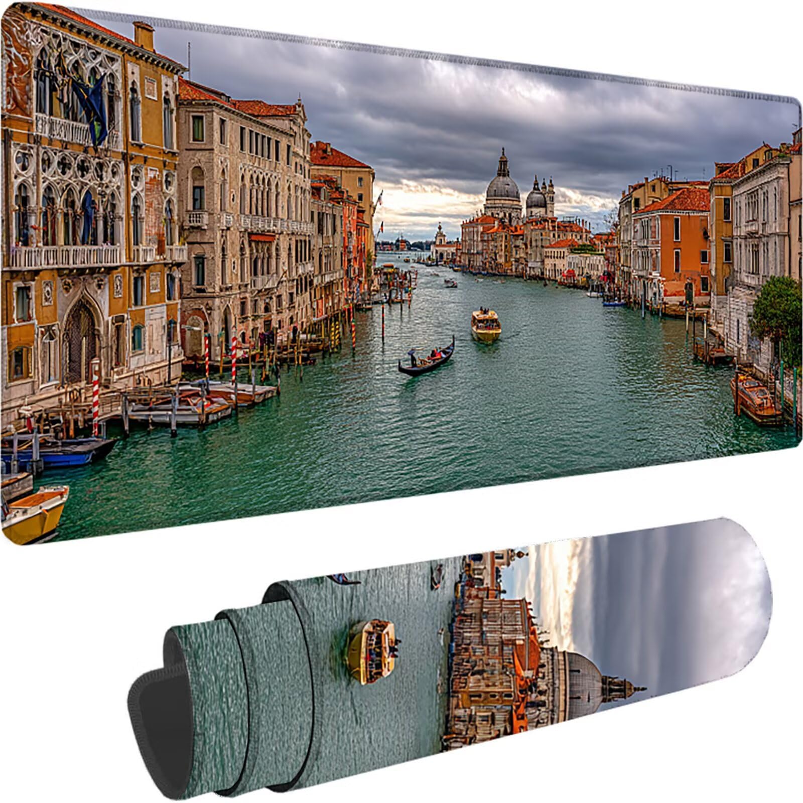 Podkładka pod mysz XXL 1500 x 800 x 3 mm, szara zmywalna podkładka pod mysz do gier Wenecja Akcesoria na biurko, z antypoślizgową gumową podstawą pod mysz XXL do komputera, pracy biurowej, prezent w