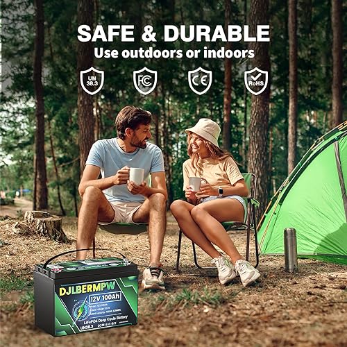 Miniatura 6 de DJLBERMPW Batería de litio LiFePO4 de 12 V 100 Ah, batería de ciclo profundo con BMS mejorado de 100 A, energía máxima de 1280 W, hasta 15000 ciclos