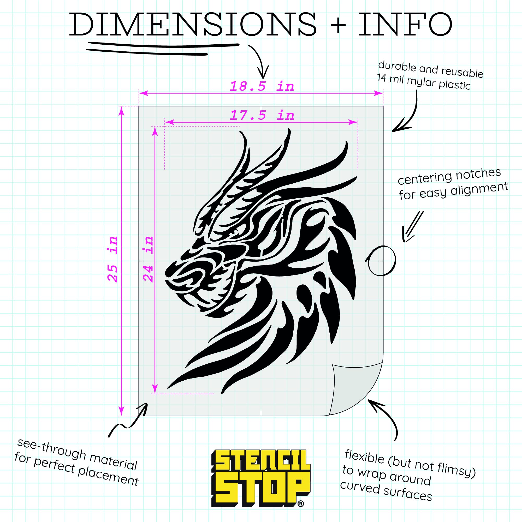 Stencil Stop Szablon Dragon Head – 44,5 x 61 cm – szablony wielokrotnego użytku do malowania na drewnie, ścianach, tkaninach i skałach, trwały plastik mylarowy o grubości 14 ml, idealne do