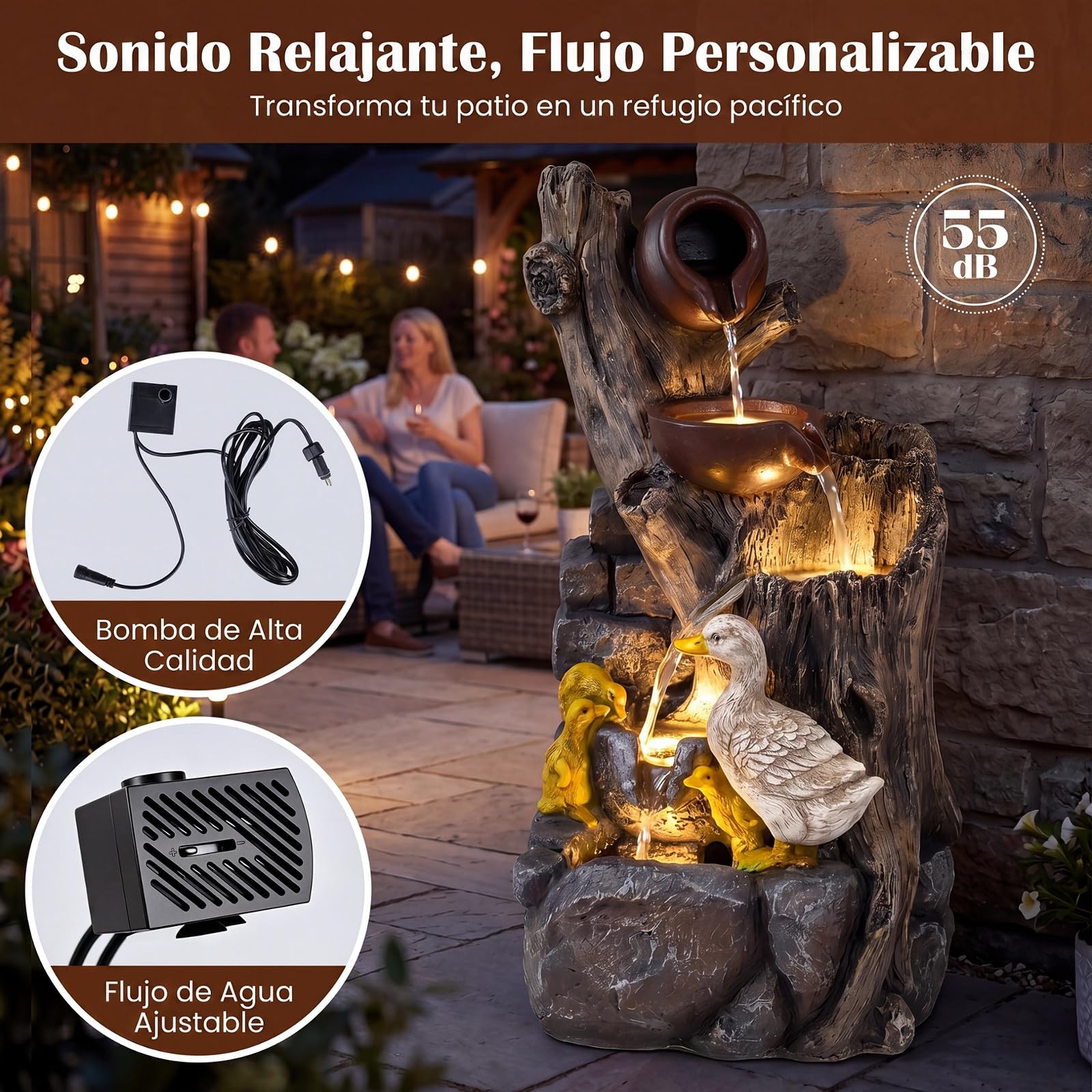 COSTWAY Fuente de Interior y Exterior, Fuente de Agua Decorativa con Iluminación LED, Figuras de Ardillas y Avellanas, Decoración de Resina Relajante para Mesa, Jardín, Patio