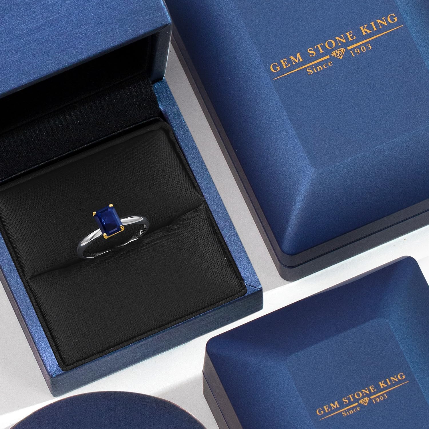 Gem Stone King 925 Silver and 10K Yellow Gold Gemstone Birthstone Solitaire Engagement Ring For Women | Emerald Cut 7X5MM | Available in Size 5-9 | Wedding Engagement Anniversary Promise Ring - Image 5