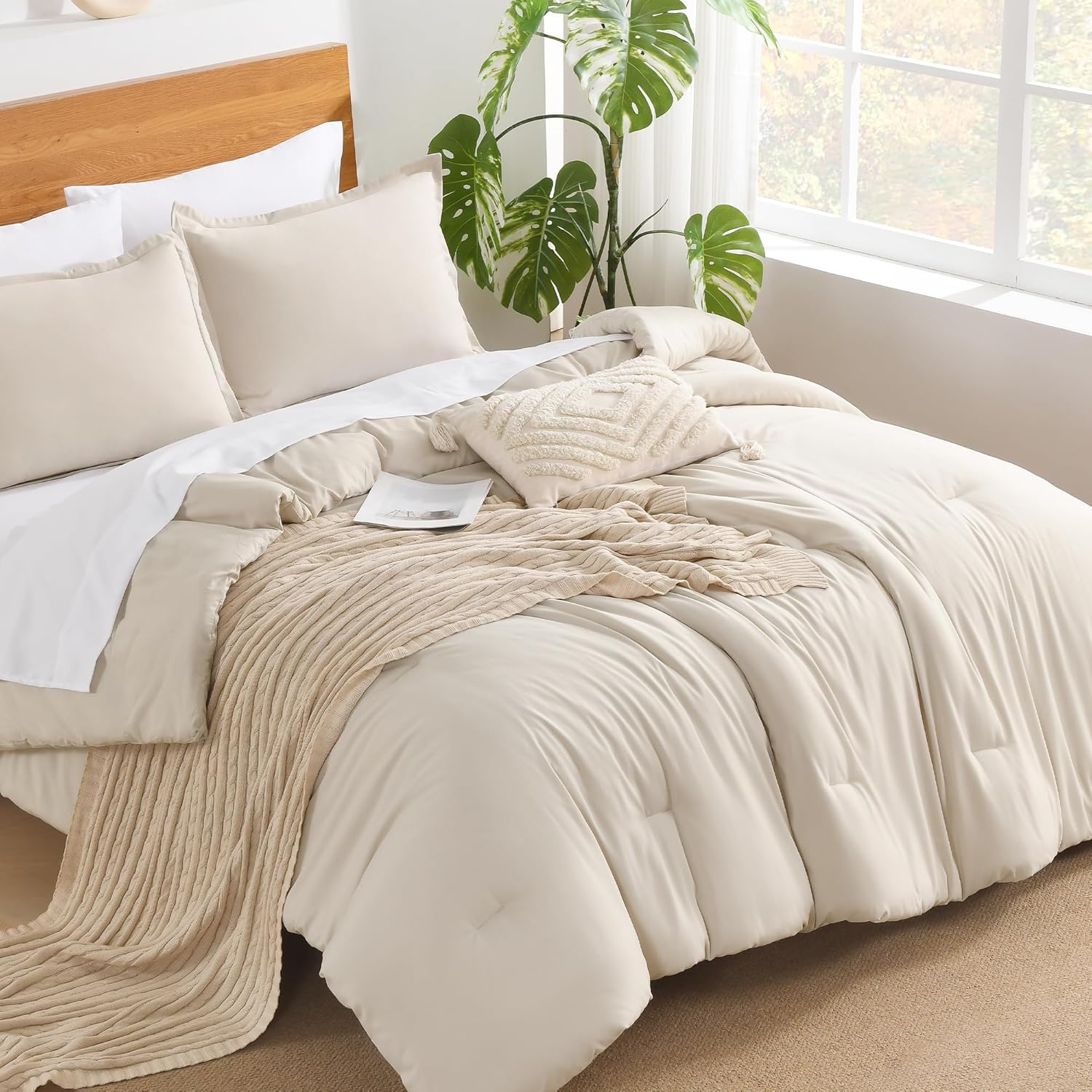 Andency Beige King Size Comforter Set - 7 Pieces Cream Bed in a Bag King Bedding Comforter Sets, Summer Solid Soft Lightweight Comforter with Fitted Sheets, Flat Sheets, Pillowcases & Shams
