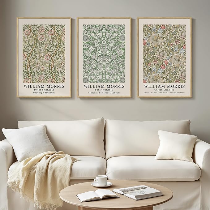 Framed William Morris Canvas Wall Art for Living Room, 3 Piece Large Vintage Sage Green Artwork for Walls Nature Floral Botanical Picture Prints for Bedroom, Hallway, Home Office Wall Decor, 16x24