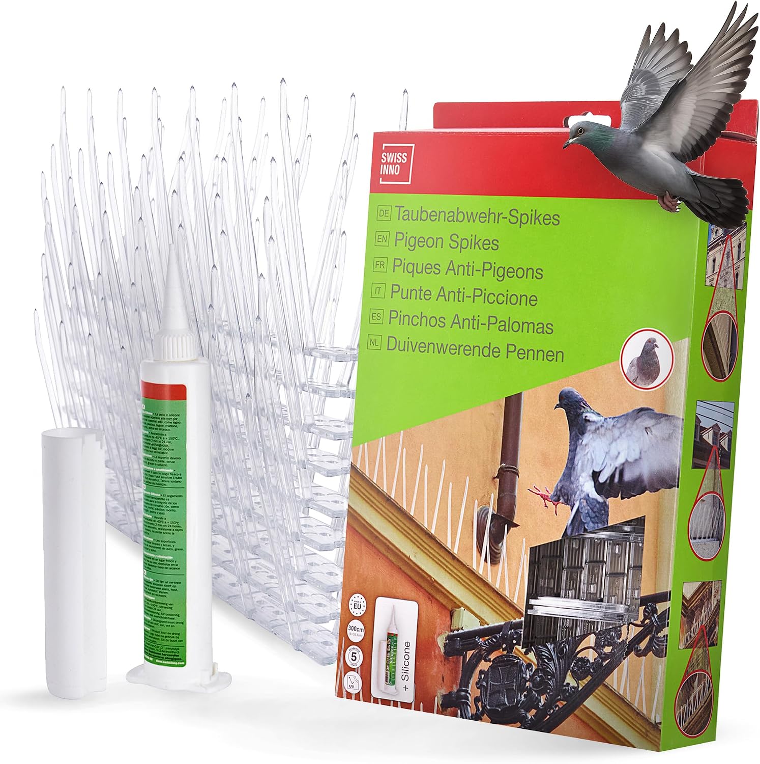 SWISSINNO Pics Anti-Pigeons – Barrière Anti-Oiseaux Humanitaire – 9 Segments de 33 cm + Silicone – Transparent – Protection Durable pour Rebords et Gouttières — vue 2