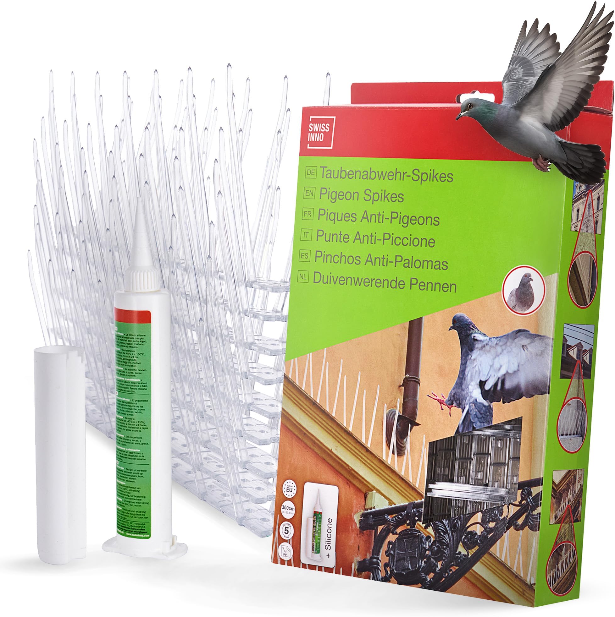 SWISSINNO Pigeon Spikes 300 cm (9×33.3 cm) – transparent polycarbonate bird spikes incl. fixing silicone– divisible– quick installation – UV- & weather-resistant – for window ledge, balcony, roof edge