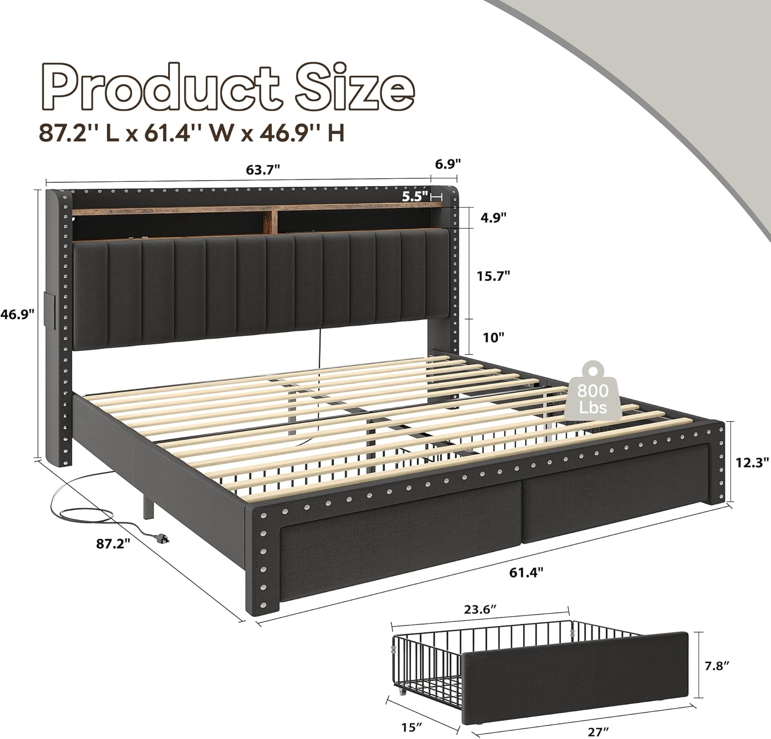 Queen Bed Frame with Storage Headboard and Drawers, Upholstered Bed Frame Queen Size with Charging Station and LED Lights, Bed Frame with Wooden Slats Support, No Box Spring Needed