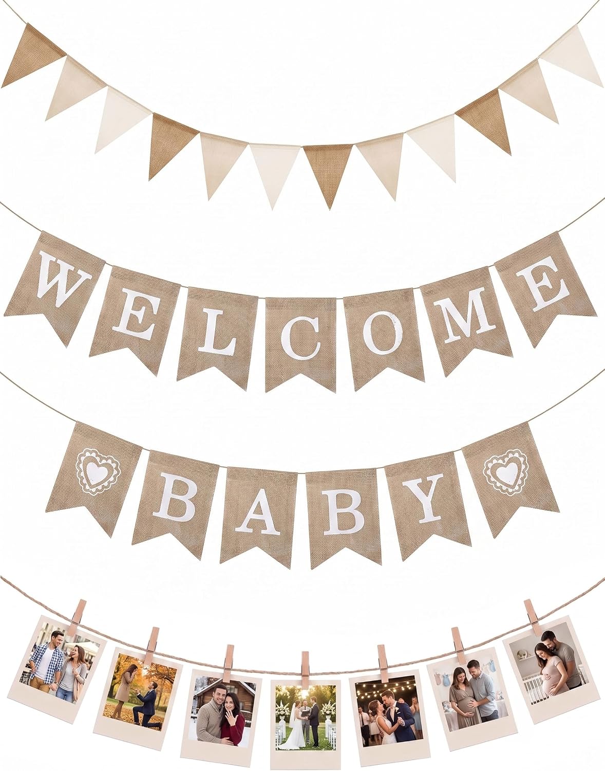 Welcome Baby Banner with Photo Clips and Pennants for Baby Shower Decor