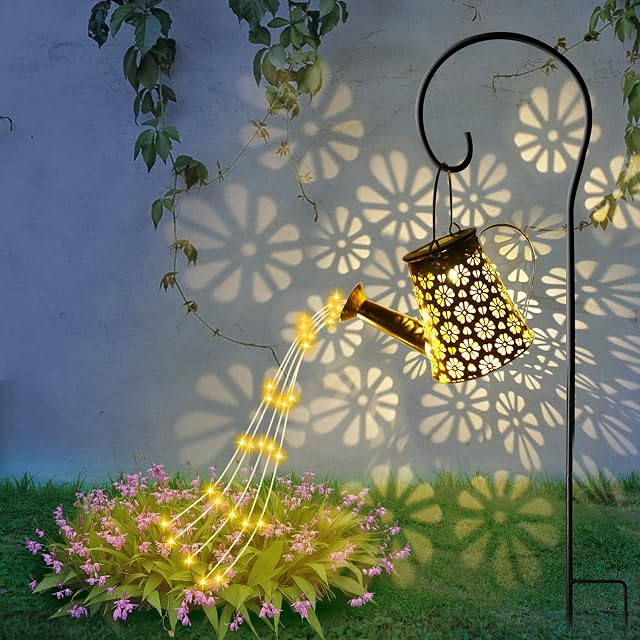Watering Can with Lights, Star Shower Garden Art Lights Outdoor,Watering Can Light Waterproof Shiny LED, String Fairy Lights with Bracket for Patio Pathway Christmas Decorations(Trapezoid Style)