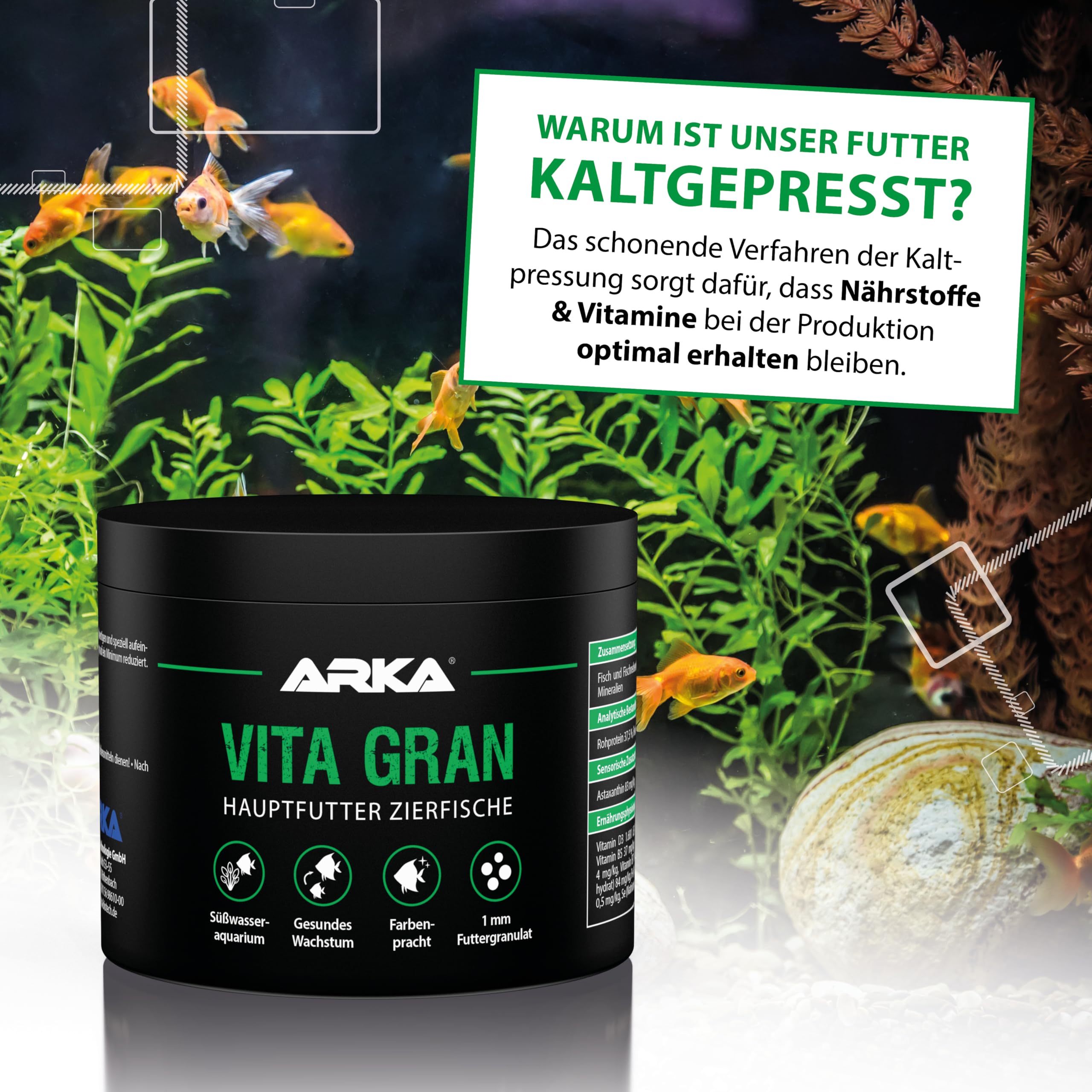 Fischfutter Granulat 500 ml / 300 g – kaltgepresstes Soft-Granulat für Süßwasserfische – für Vitalität, gesundes Wachstum & lebendige Farben – ARKA Vita Gran