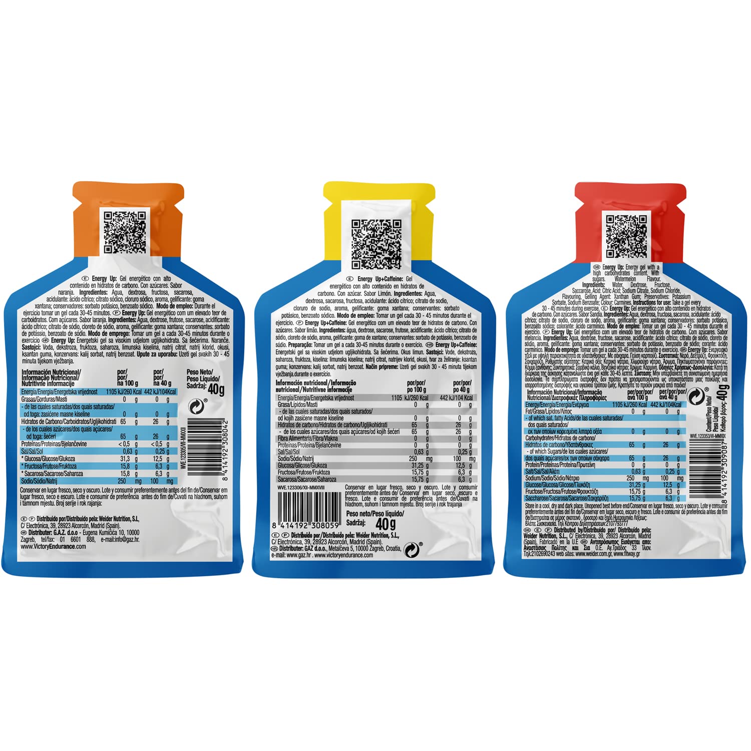 VICTORY ENDURANCE PACK 12x40g Energy Up Gel sin Cafeína - 4 x 3 sabores (Naranja, Sandía, Limón). Energía rápida. Alto en Carbohidratos (ratio 2:1:1). Con Extra de Sodio. Fácil de tomar. Sin Gluten.