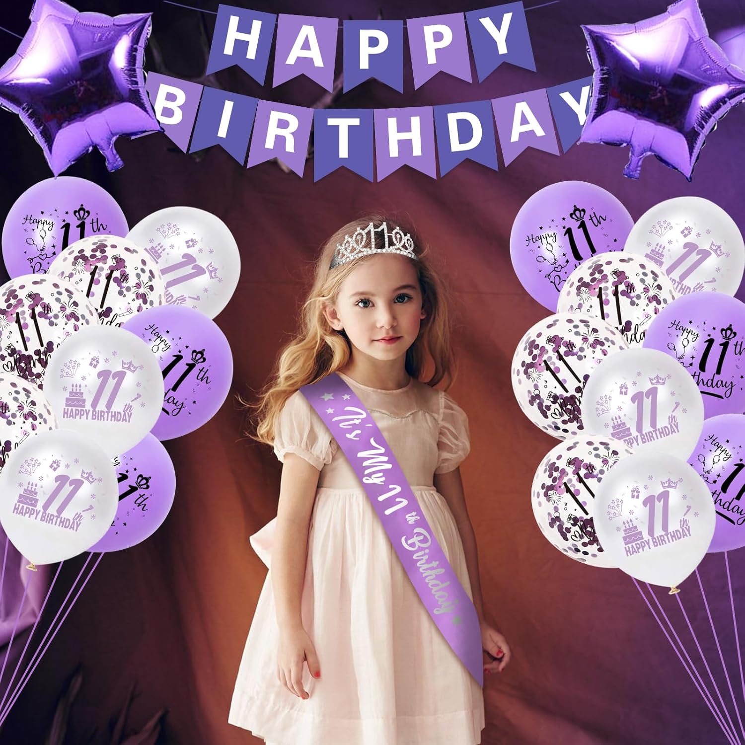 Generic Purple + Lavender 11th Birthday Decorations for Girls, Includes Happy Birthday Banner, Balloons, Silver Crown, Lavender Glitter 11 Year Old Cake Topper and It's My 11th Birthday Sash - Image 2