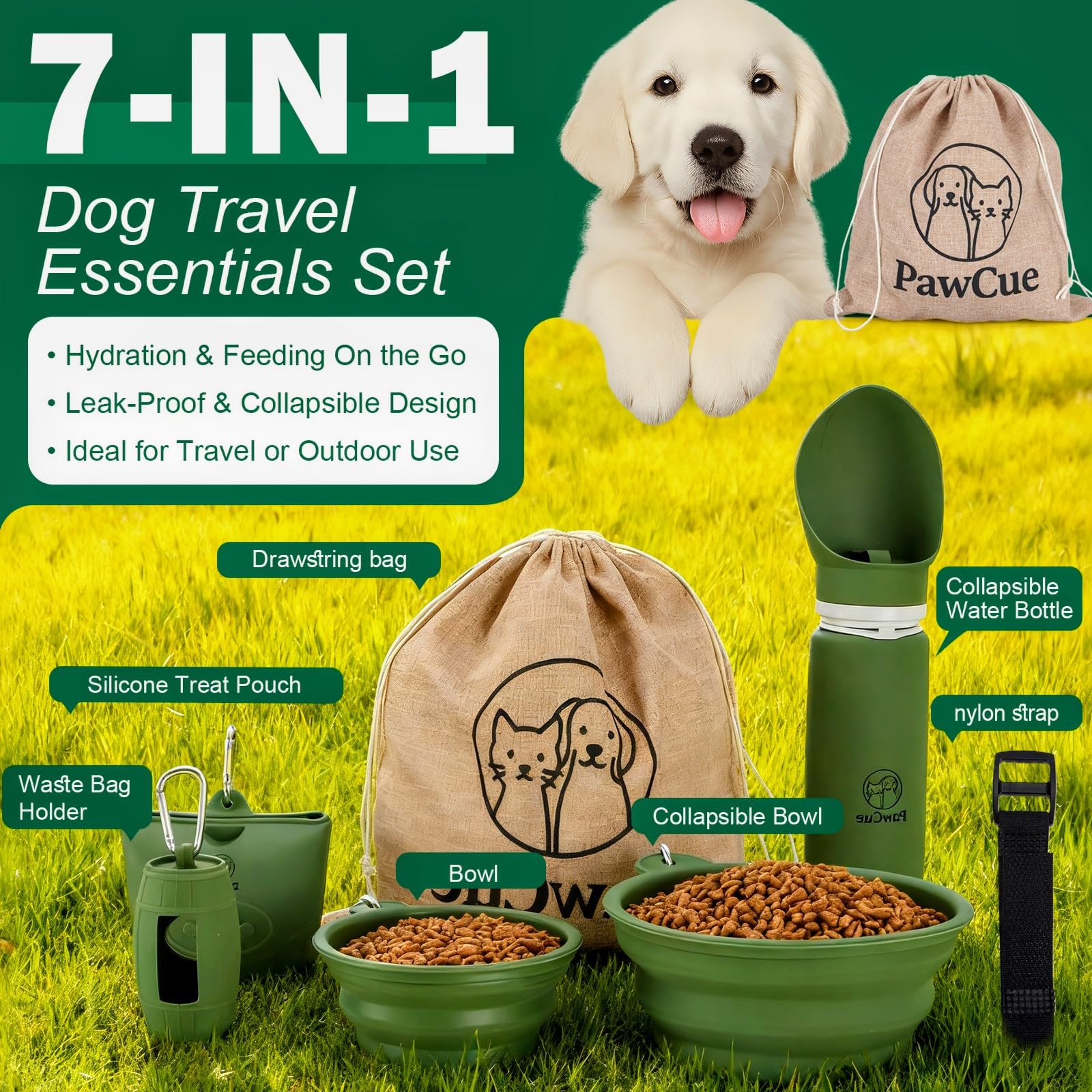 Pet Travel Essentials Kit de voyage pour chien avec 2 bols pliables, pochette à friandises en silicone, bouteille d'eau pliable, sac de transport en maille, support de sac à déchets, sangle